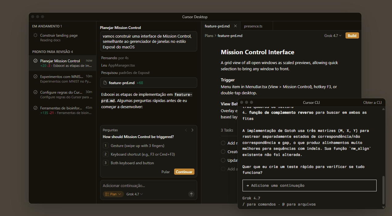 O workspace de coding agents do Cursor, com conversas do projeto, um plano e código lado a lado.