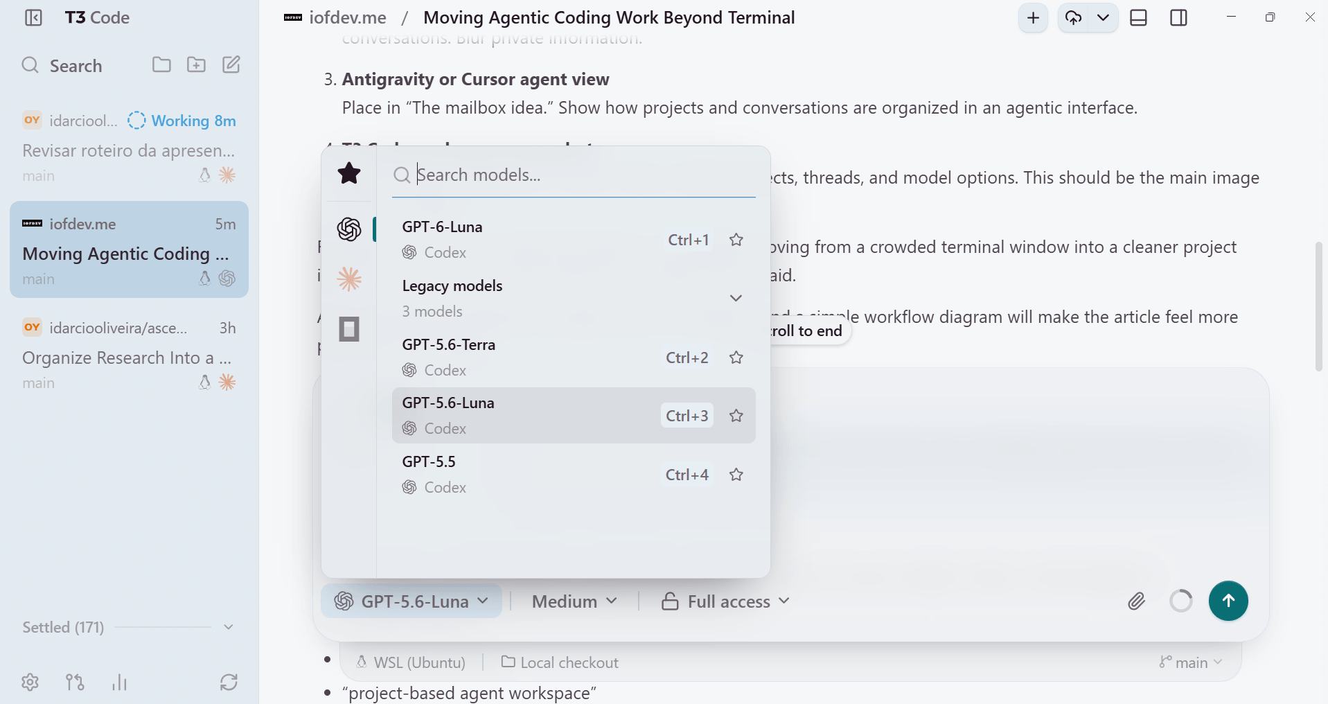 O T3 Code com uma conversa de projeto aberta e o seletor de modelos visível.